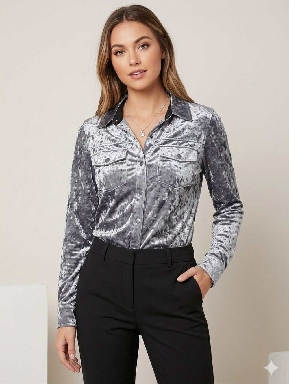 💕SANCTUARY💕 Velvet Button Up Long Sleeve Shirt ~ Silver Petite Small NWOT